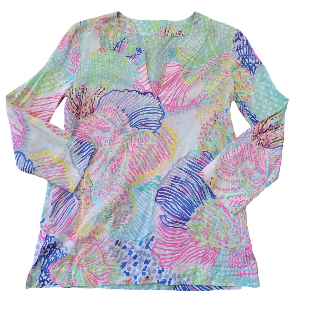 Lilly Pulitzer XS Cotton AMELIA ISLAND Tunic Top Split Neck 3/4 Sleeve Shell